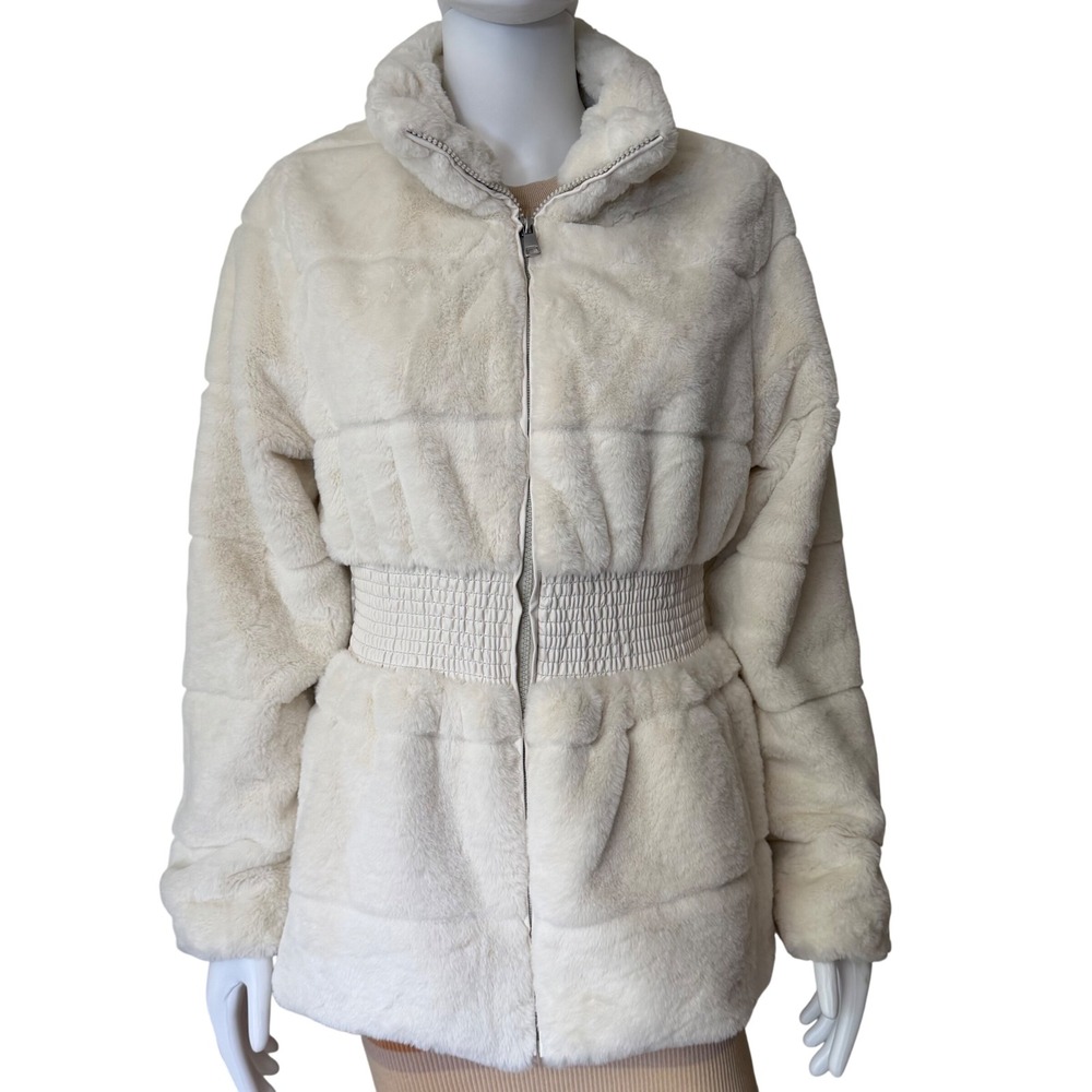 Cavalini Original Ivory Faux Fur Quilted Zip Jacket Smocked Waist Womens Large